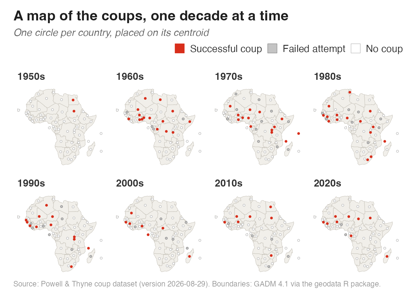 A map of the coups, one decade at a time